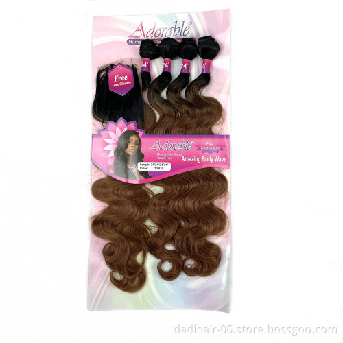 Hot sale Adorable  Synthetic Hair Bundles With Free Machine Made 4*4 Lace Closure Amazing Body Wave 4pcs 24Inch T Color